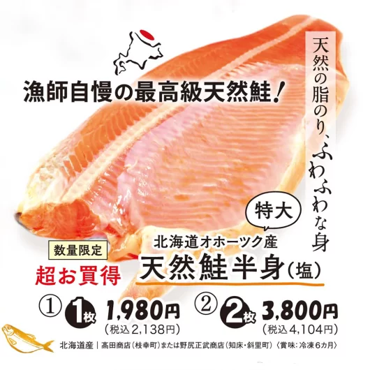 【1・2】北海道オホーツク産 特大 天然鮭半身(塩)